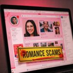 A computer screen with a dating website and a warning message about online romance fraud.