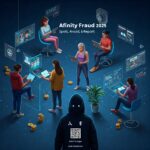 Infographic explaining how to spot, avoid, and report affinity fraud in 2025. It lists warning signs like unsolicited offers and high-pressure tactics, protective measures like independent research, and reporting agencies like the SEC, FINRA, and FBI.