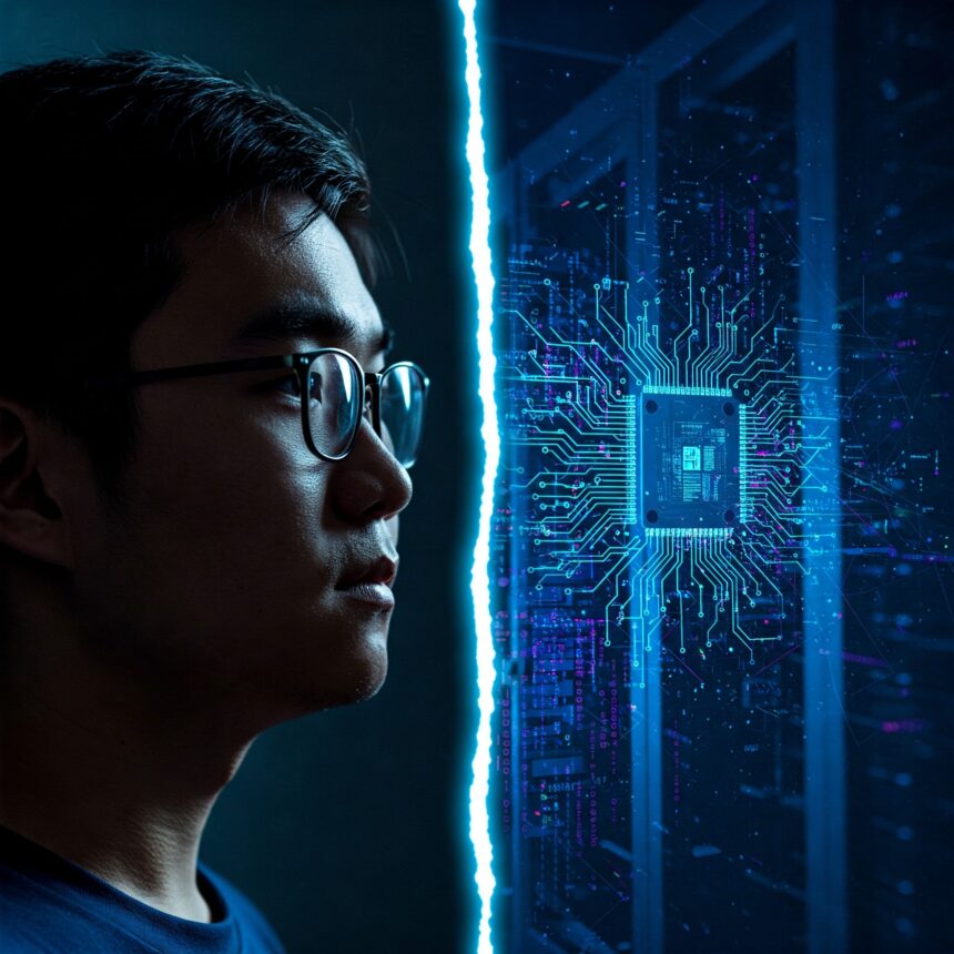 Illustration depicting alleged theft of Google AI secrets by former engineer, with connections to China and potential economic espionage