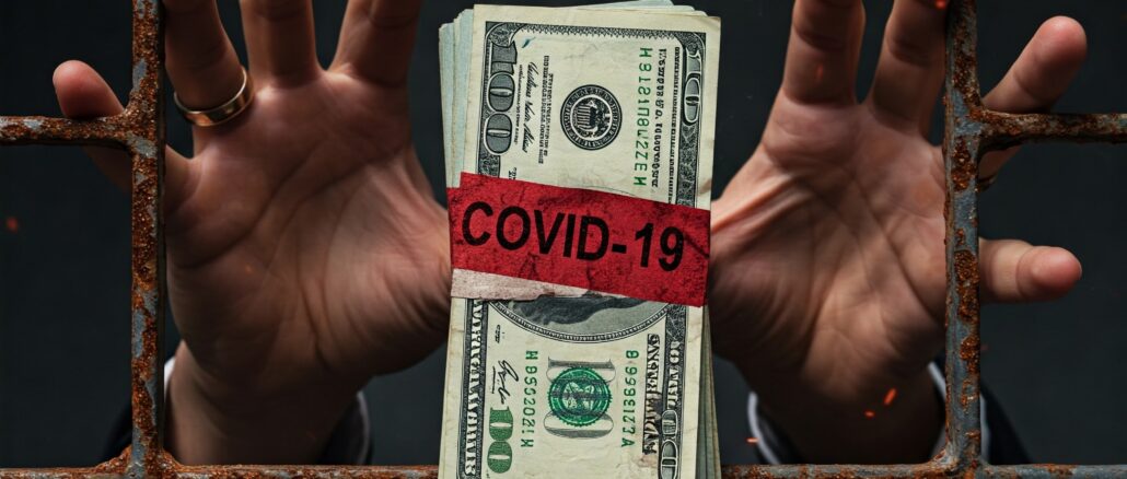 Conceptual image of hands reaching for COVID-19 relief funds, symbolizing PPP and EIDL loan fraud.