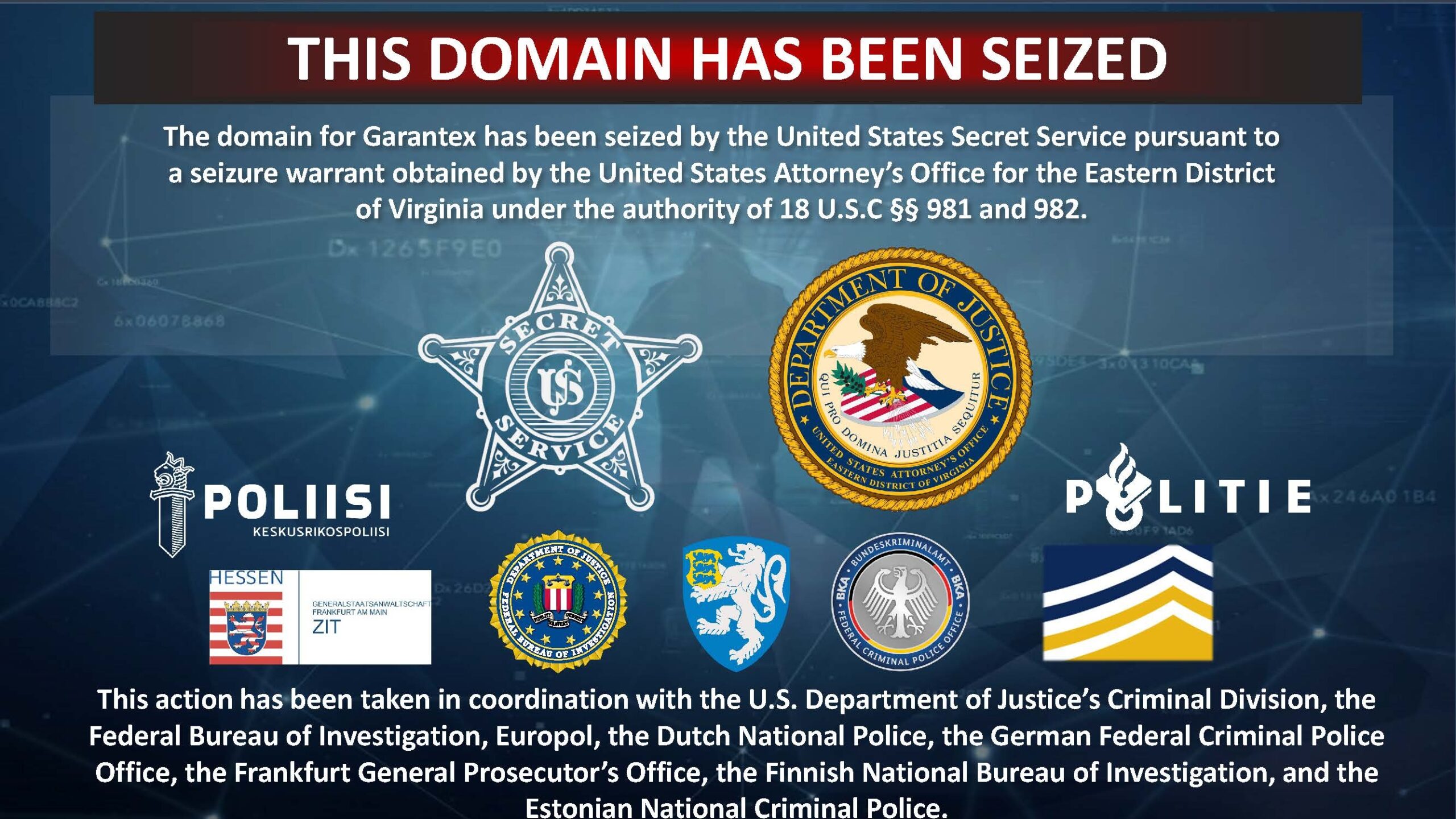 Garantex crypto exchange seized domain notice displayed by law enforcement.